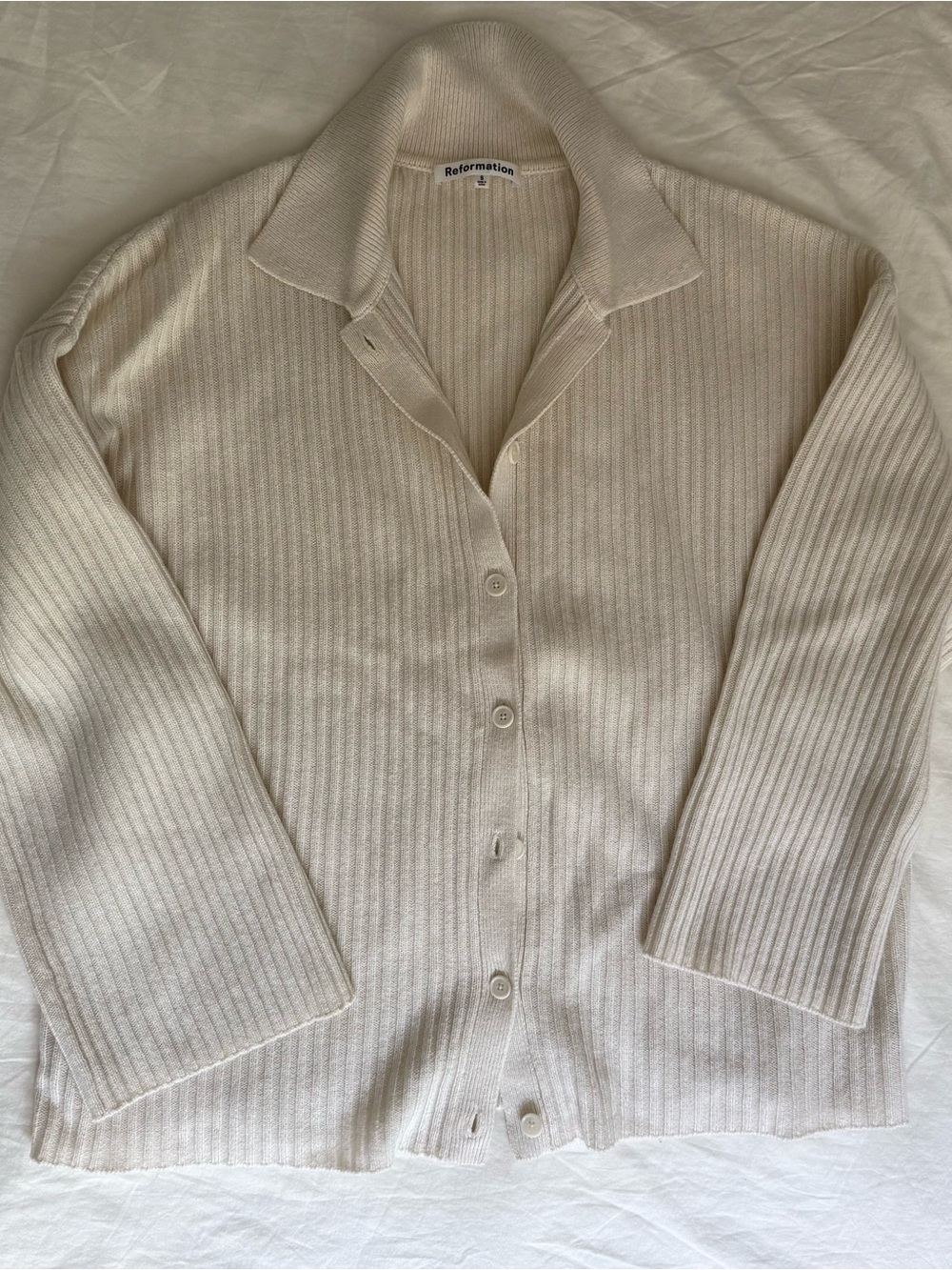 Reformation Ivory Ribbed Collared Button Cardigan - Picture 2 of 4